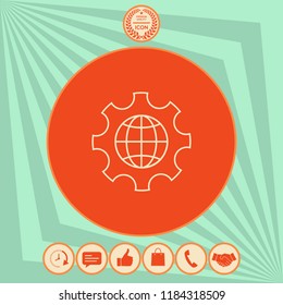 Globe of the Earth inside a gear or cog, setting parameters, Global Options - line icon