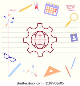 Globe of the Earth inside a gear or cog, setting parameters, Global Options - line icon