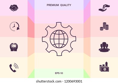 Globe of the Earth inside a gear or cog, setting parameters, Global Options - line icon