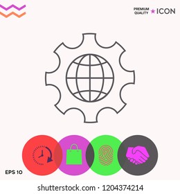 Globe of the Earth inside a gear or cog, setting parameters, Global Options - line icon