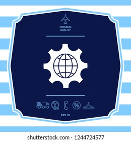 Globe of the Earth inside a gear or cog, setting parameters, Global Options icon. Graphic elements for your design