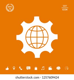 Globe of the Earth inside a gear or cog, setting parameters, Global Options icon. Graphic elements for your design