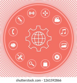 Globe of the Earth inside a gear or cog, setting parameters, Global Options - line icon. Graphic elements for your design