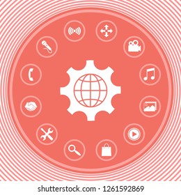 Globe of the Earth inside a gear or cog, setting parameters, Global Options icon. Graphic elements for your design