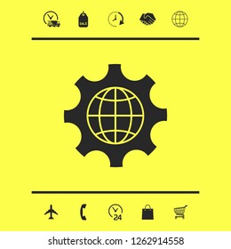 Globe of the Earth inside a gear or cog, setting parameters, Global Options icon. Graphic elements for your design