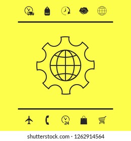 Globe of the Earth inside a gear or cog, setting parameters, Global Options - line icon. Graphic elements for your design