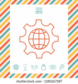 Globe of the Earth inside a gear or cog, setting parameters, Global Options - line icon. Graphic elements for your design