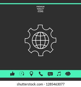 Globe of the Earth inside a gear or cog, setting parameters, Global Options - line icon. Graphic elements for your design