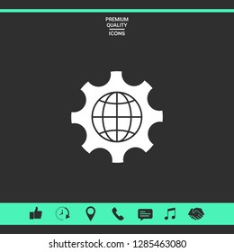 Globe of the Earth inside a gear or cog, setting parameters, Global Options icon. Graphic elements for your design