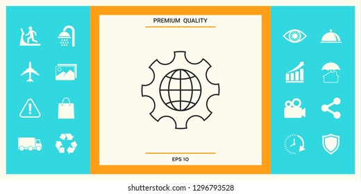 Globe of the Earth inside a gear or cog, setting parameters, Global Options - line icon. Graphic elements for your design
