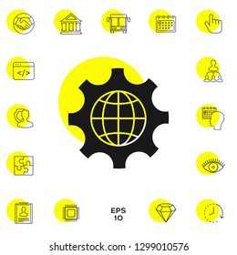 Globe of the Earth inside a gear or cog, setting parameters, Global Options icon. Graphic elements for your design