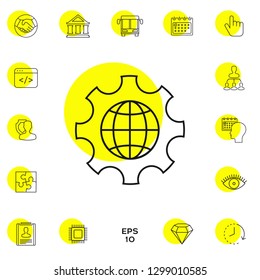 Globe of the Earth inside a gear or cog, setting parameters, Global Options - line icon. Graphic elements for your design