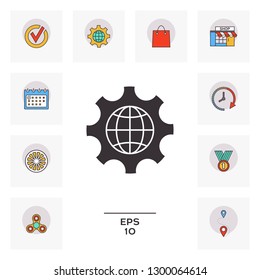 Globe of the Earth inside a gear or cog, setting parameters, Global Options icon. Graphic elements for your design