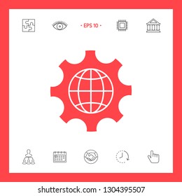 Globe of the Earth inside a gear or cog, setting parameters, Global Options icon. Graphic elements for your design