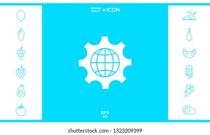Globe of the Earth inside a gear or cog, setting parameters, Global Options icon. Graphic elements for your design