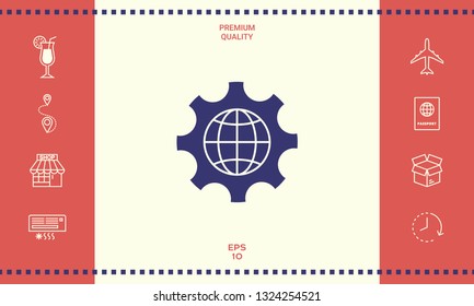 Globe of the Earth inside a gear or cog, setting parameters, Global Options icon. Graphic elements for your design