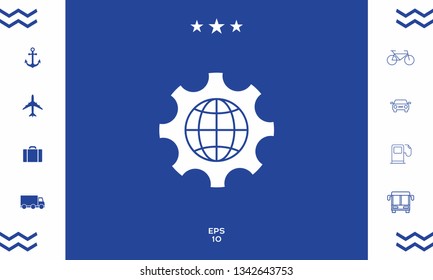 Globe of the Earth inside a gear or cog, setting parameters, Global Options icon. Graphic elements for your design