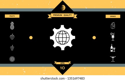 Globe of the Earth inside a gear or cog, setting parameters, Global Options icon. Graphic elements for your design