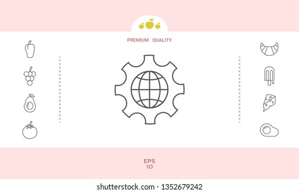 Globe of the Earth inside a gear or cog, setting parameters, Global Options - line icon. Graphic elements for your design