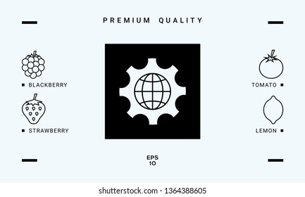 Globe of the Earth inside a gear or cog, setting parameters, Global Options icon. Graphic elements for your design