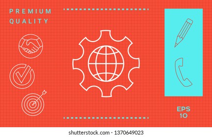 Globe of the Earth inside a gear or cog, setting parameters, Global Options - line icon. Graphic elements for your design