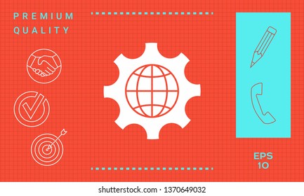 Globe of the Earth inside a gear or cog, setting parameters, Global Options icon. Graphic elements for your design