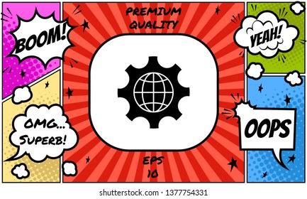 Globe of the Earth inside a gear or cog, setting parameters, Global Options icon. Graphic elements for your design