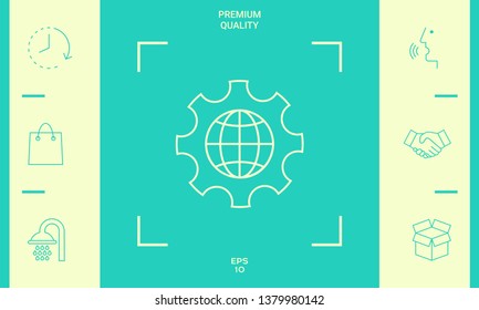 Globe of the Earth inside a gear or cog, setting parameters, Global Options - line icon. Graphic elements for your design