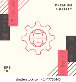 Globe of the Earth inside a gear or cog, setting parameters, Global Options - line icon. Graphic elements for your design