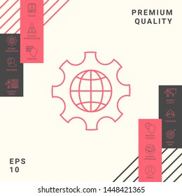 Globe of the Earth inside a gear or cog, setting parameters, Global Options - line icon. Graphic elements for your design