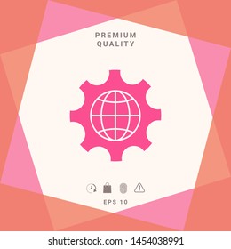 Globe of the Earth inside a gear or cog, setting parameters, Global Options icon. Graphic elements for your design