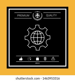Globe of the Earth inside a gear or cog, setting parameters, Global Options - line icon. Graphic elements for your design