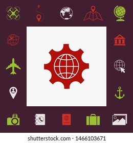 Globe of the Earth inside a gear or cog, setting parameters, Global Options icon. Graphic elements for your design