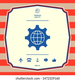 Globe of the Earth inside a gear or cog, setting parameters, Global Options icon. Graphic elements for your design