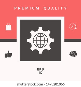 Globe of the Earth inside a gear or cog, setting parameters, Global Options icon. Graphic elements for your design