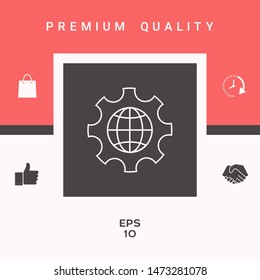 Globe of the Earth inside a gear or cog, setting parameters, Global Options - line icon. Graphic elements for your design