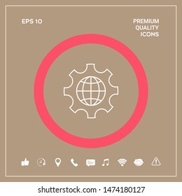 Globe of the Earth inside a gear or cog, setting parameters, Global Options - line icon. Graphic elements for your design
