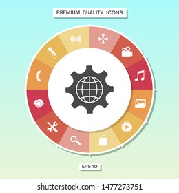 Globe of the Earth inside a gear or cog, setting parameters, Global Options icon. Graphic elements for your design