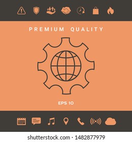 Globe of the Earth inside a gear or cog, setting parameters, Global Options - line icon. Graphic elements for your design