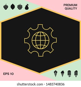 Globe of the Earth inside a gear or cog, setting parameters, Global Options - line icon. Graphic elements for your design