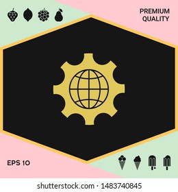 Globe of the Earth inside a gear or cog, setting parameters, Global Options icon. Graphic elements for your design