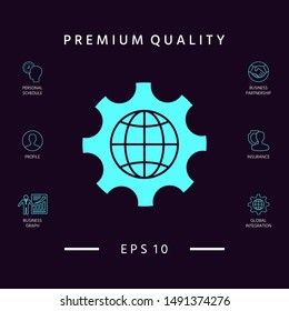 Globe of the Earth inside a gear or cog, setting parameters, Global Options icon. Graphic elements for your design