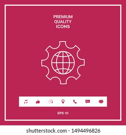 Globe of the Earth inside a gear or cog, setting parameters, Global Options - line icon. Graphic elements for your design