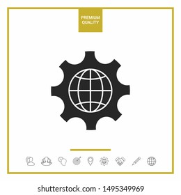 Globe of the Earth inside a gear or cog, setting parameters, Global Options icon. Graphic elements for your design