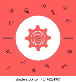Globe of the Earth inside a gear or cog, setting parameters, Global Options icon. Graphic elements for your design