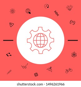 Globe of the Earth inside a gear or cog, setting parameters, Global Options - line icon. Graphic elements for your design