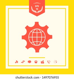 Globe of the Earth inside a gear or cog, setting parameters, Global Options icon. Graphic elements for your design