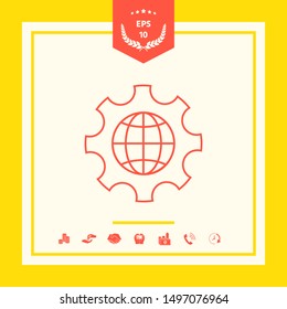 Globe of the Earth inside a gear or cog, setting parameters, Global Options - line icon. Graphic elements for your design