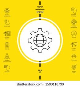 Globe of the Earth inside a gear or cog, setting parameters, Global Options - line icon. Graphic elements for your design