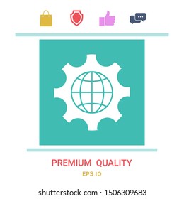 Globe of the Earth inside a gear or cog, setting parameters, Global Options icon. Graphic elements for your design